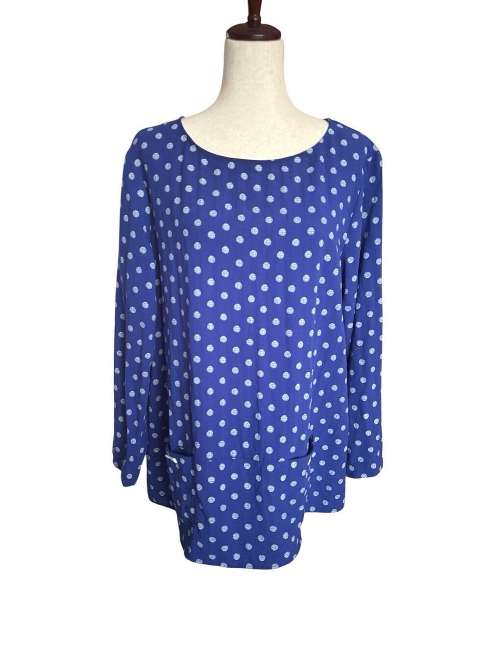 ALI MILES Size XL Pockets Blue White Polka Dot Roll Tab Sleeves